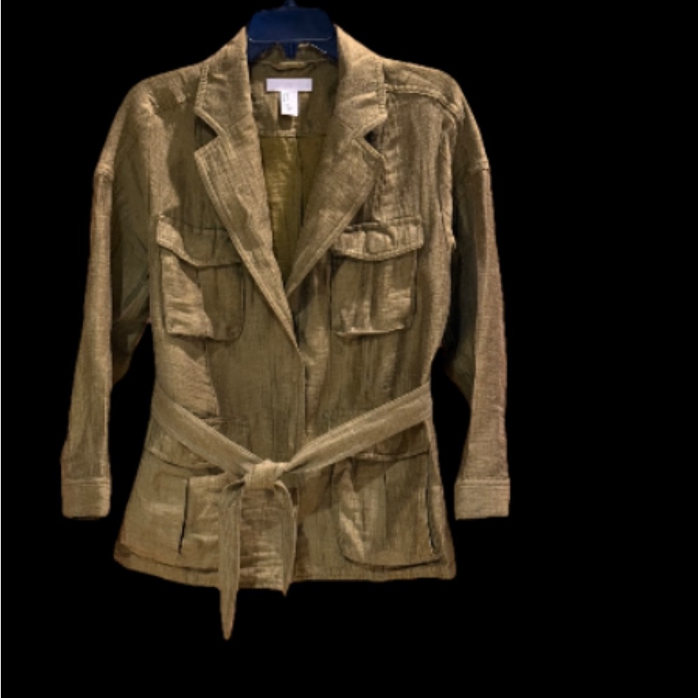 H&M Olive Green Jacket Women's Utility Safari W/Tie Belt and Flap Pockets Size 4